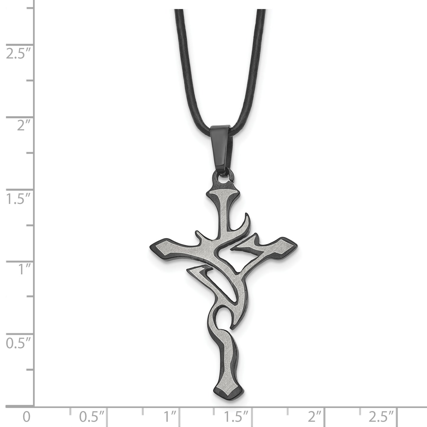 Stainless Steel Chisel Brushed And Polished Black Ip-Plated Cross Pendant On An 18 Inch Leather Cord Necklace