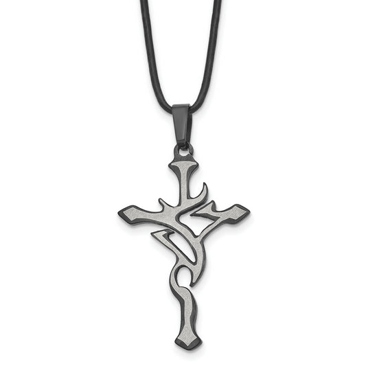 Stainless Steel Chisel Brushed And Polished Black Ip-Plated Cross Pendant On An 18 Inch Leather Cord Necklace