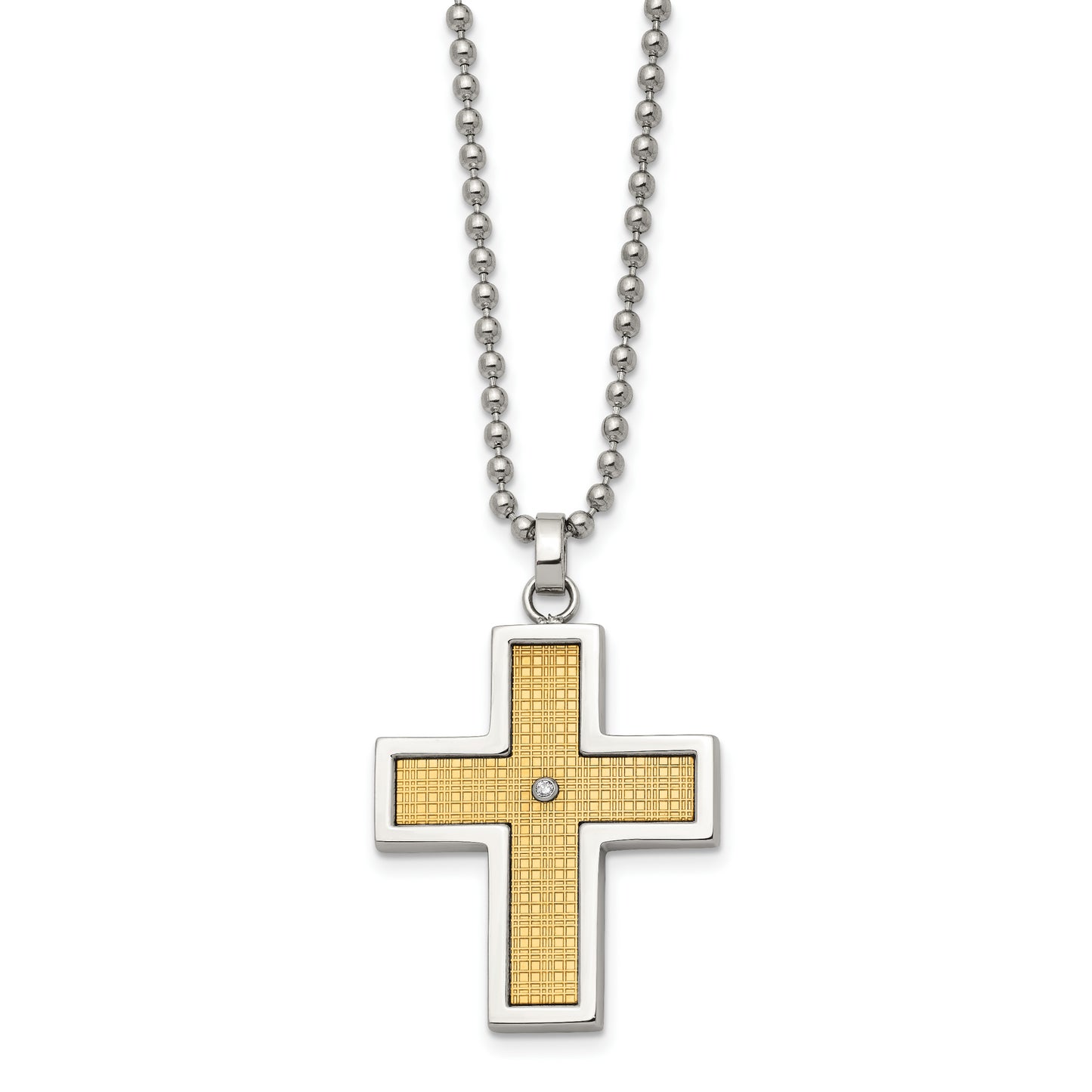 Stainless Steel Chisel Polished With 14K Gold Accent .01 Carat Diamond Cross Pendant On A 22 Inch Ball Chain Necklace