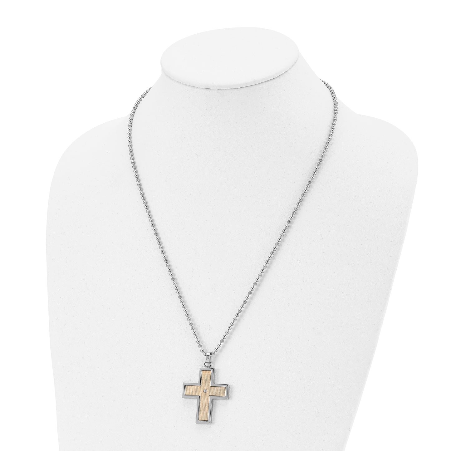 Stainless Steel Chisel Polished With 14K Gold Accent .01 Carat Diamond Cross Pendant On A 22 Inch Ball Chain Necklace