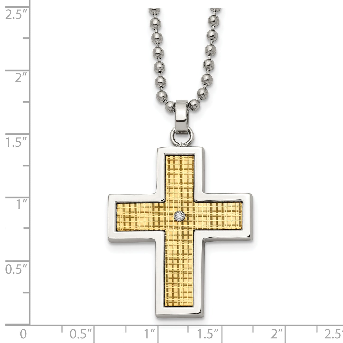 Stainless Steel Chisel Polished With 14K Gold Accent .01 Carat Diamond Cross Pendant On A 22 Inch Ball Chain Necklace