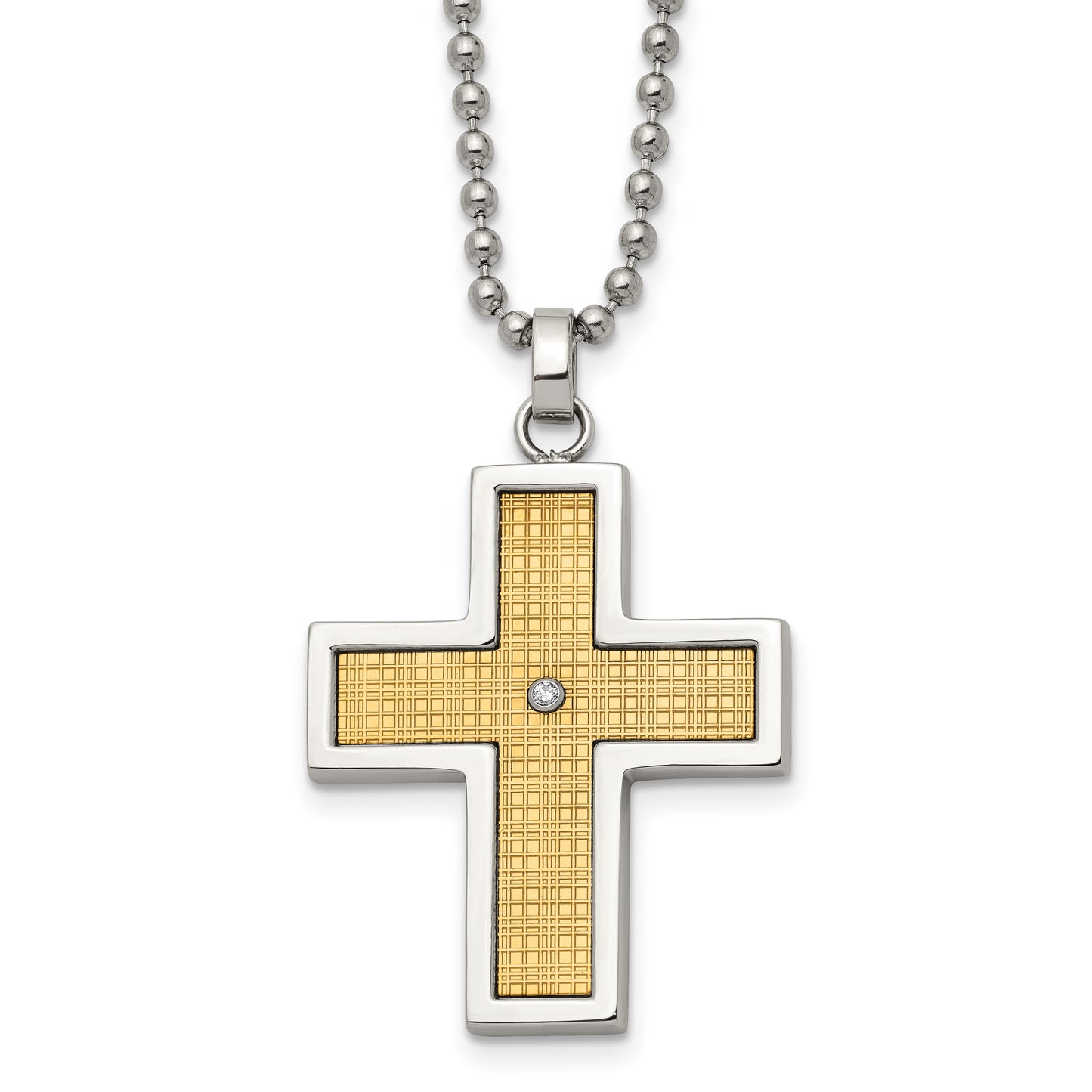 Stainless Steel Chisel Polished With 14K Gold Accent .01 Carat Diamond Cross Pendant On A 22 Inch Ball Chain Necklace