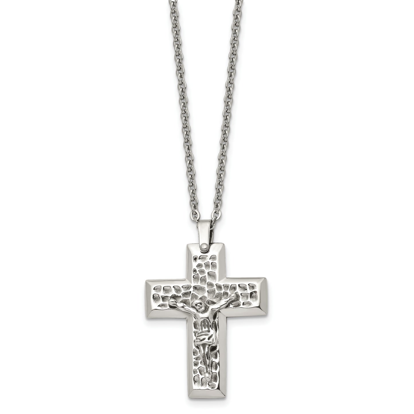 Stainless Steel Chisel Polished And Textured Crucifix Pendant On A 20 Inch Cable Chain Necklace