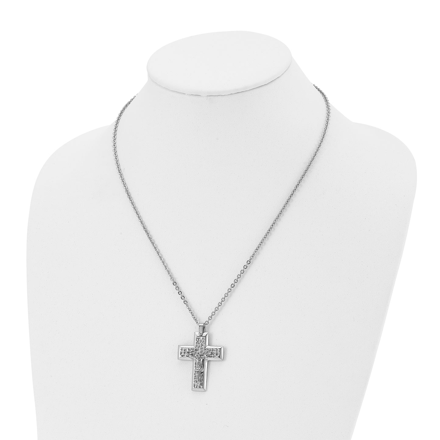 Stainless Steel Chisel Polished And Textured Crucifix Pendant On A 20 Inch Cable Chain Necklace