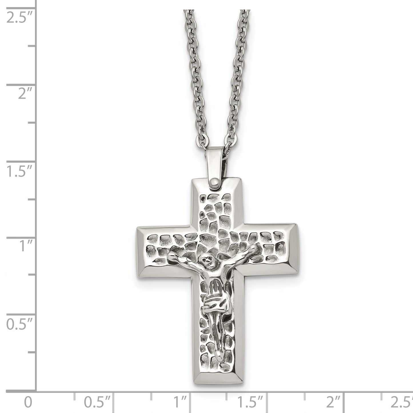 Stainless Steel Chisel Polished And Textured Crucifix Pendant On A 20 Inch Cable Chain Necklace