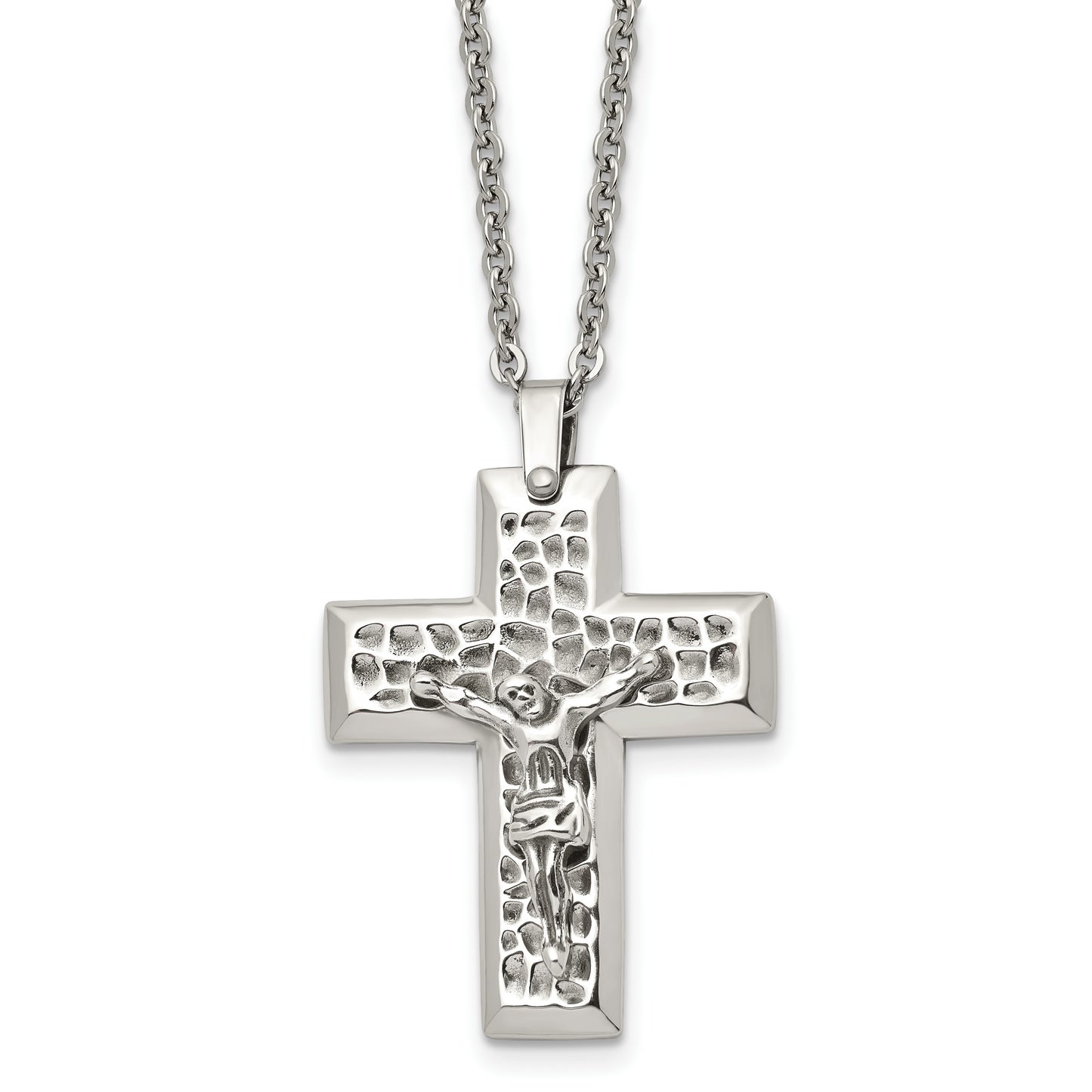 Stainless Steel Chisel Polished And Textured Crucifix Pendant On A 20 Inch Cable Chain Necklace