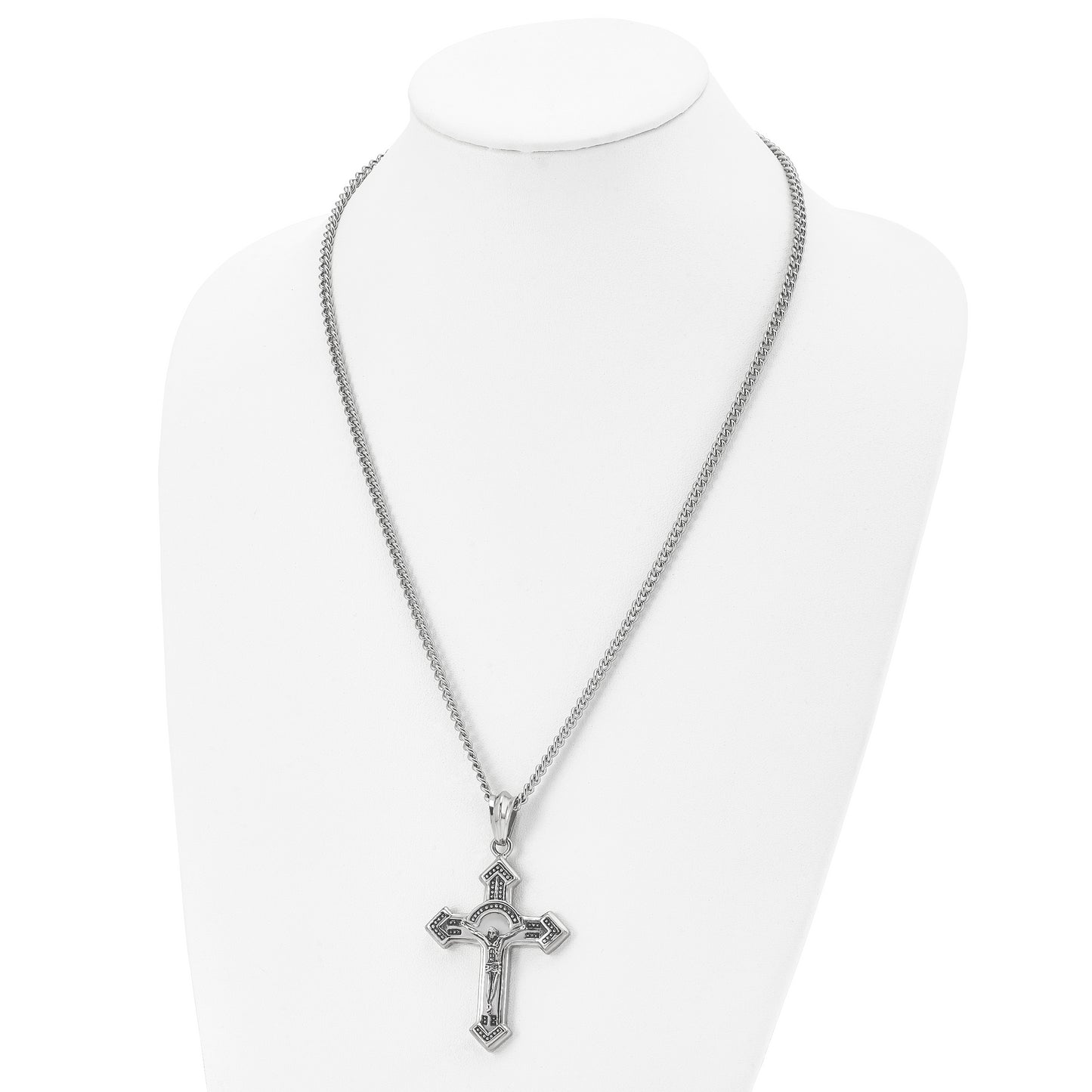 Stainless Steel Chisel Antiqued And Polished Crucifix Pendant On A 24 Inch Curb Chain Necklace