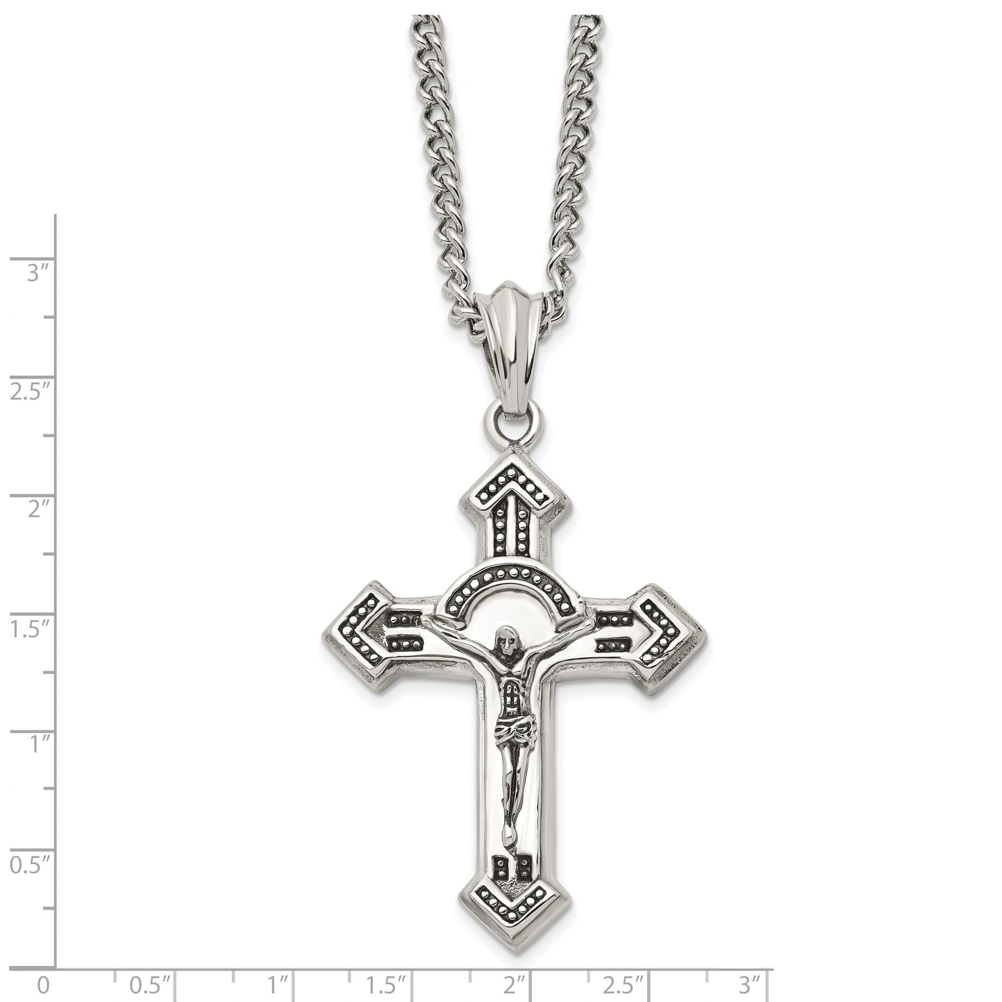 Stainless Steel Chisel Antiqued And Polished Crucifix Pendant On A 24 Inch Curb Chain Necklace