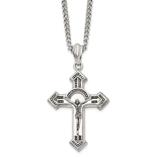 Stainless Steel Chisel Antiqued And Polished Crucifix Pendant On A 24 Inch Curb Chain Necklace