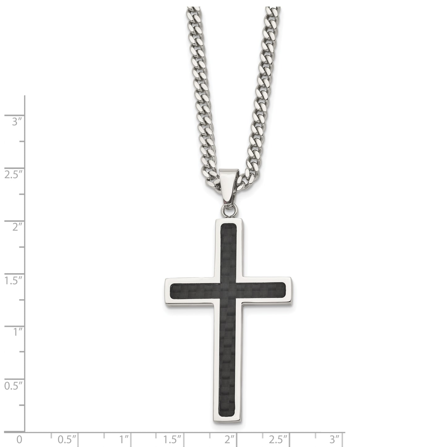 Stainless Steel Chisel Polished With Black Carbon Fiber Inlay Cross Pendant On A 24 Inch Curb Chain Necklace