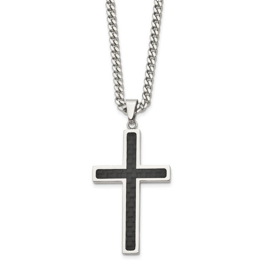 Stainless Steel Chisel Polished With Black Carbon Fiber Inlay Cross Pendant On A 24 Inch Curb Chain Necklace