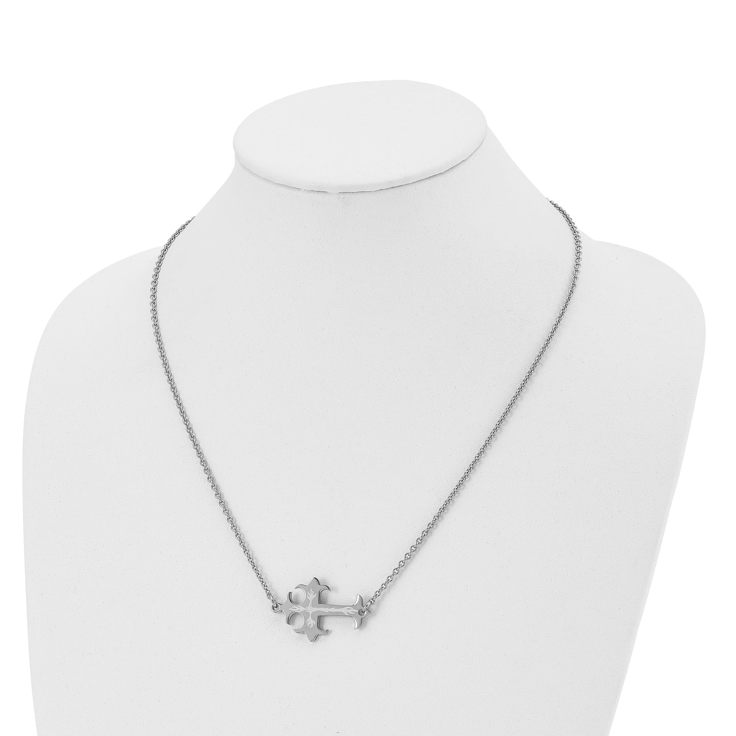 Stainless Steel Chisel Brushed And Polished Flame Design Sideways Cross On A 21 Inch Cable Chain Necklace