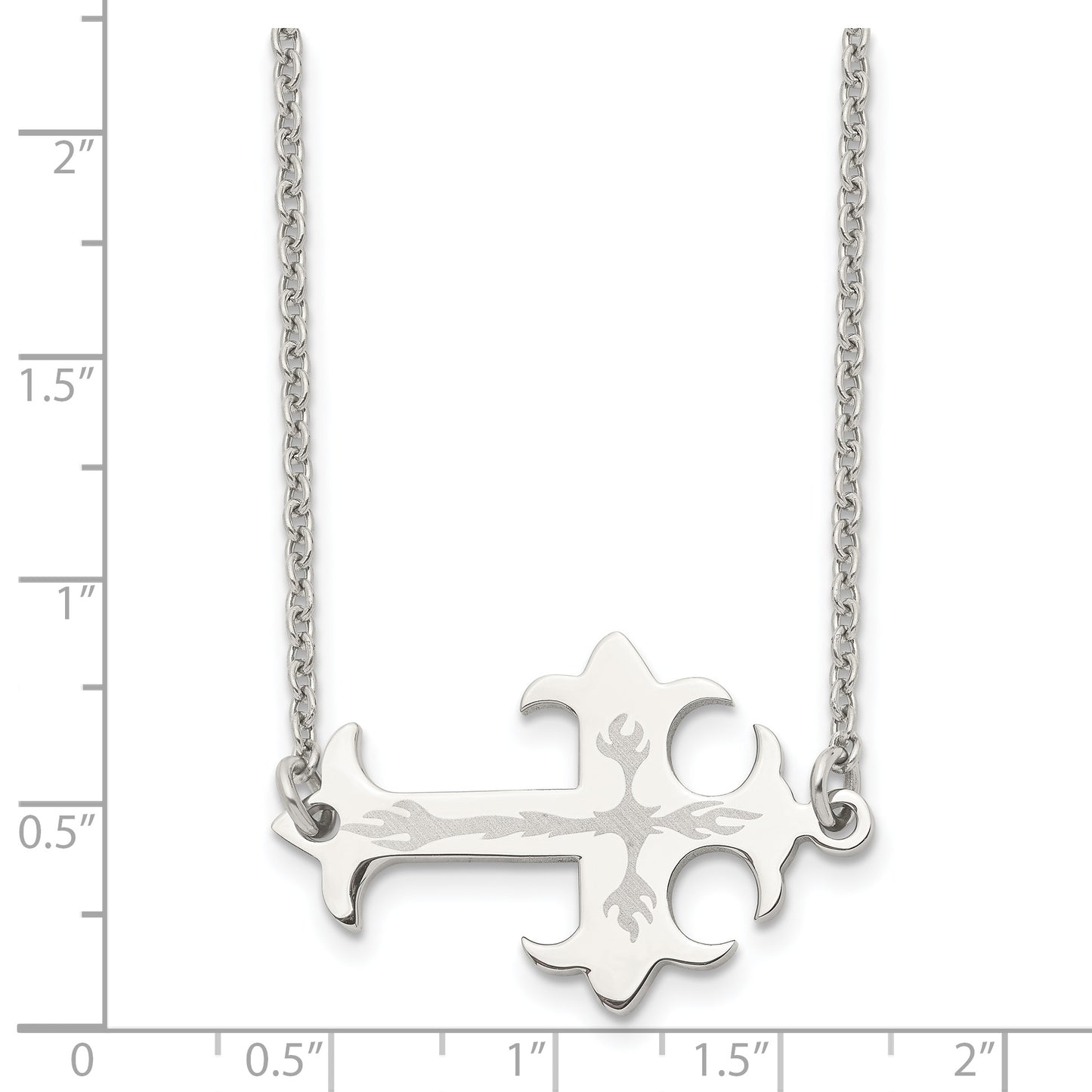 Stainless Steel Chisel Brushed And Polished Flame Design Sideways Cross On A 21 Inch Cable Chain Necklace