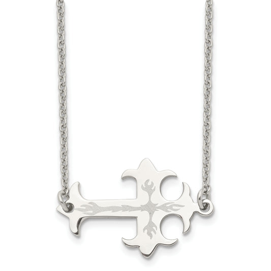 Stainless Steel Chisel Brushed And Polished Flame Design Sideways Cross On A 21 Inch Cable Chain Necklace