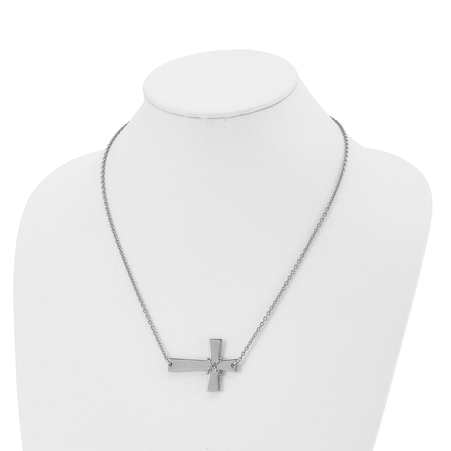 Stainless Steel Chisel Polished Sideways Cross With Chain On A 21 Inch Cable Necklace