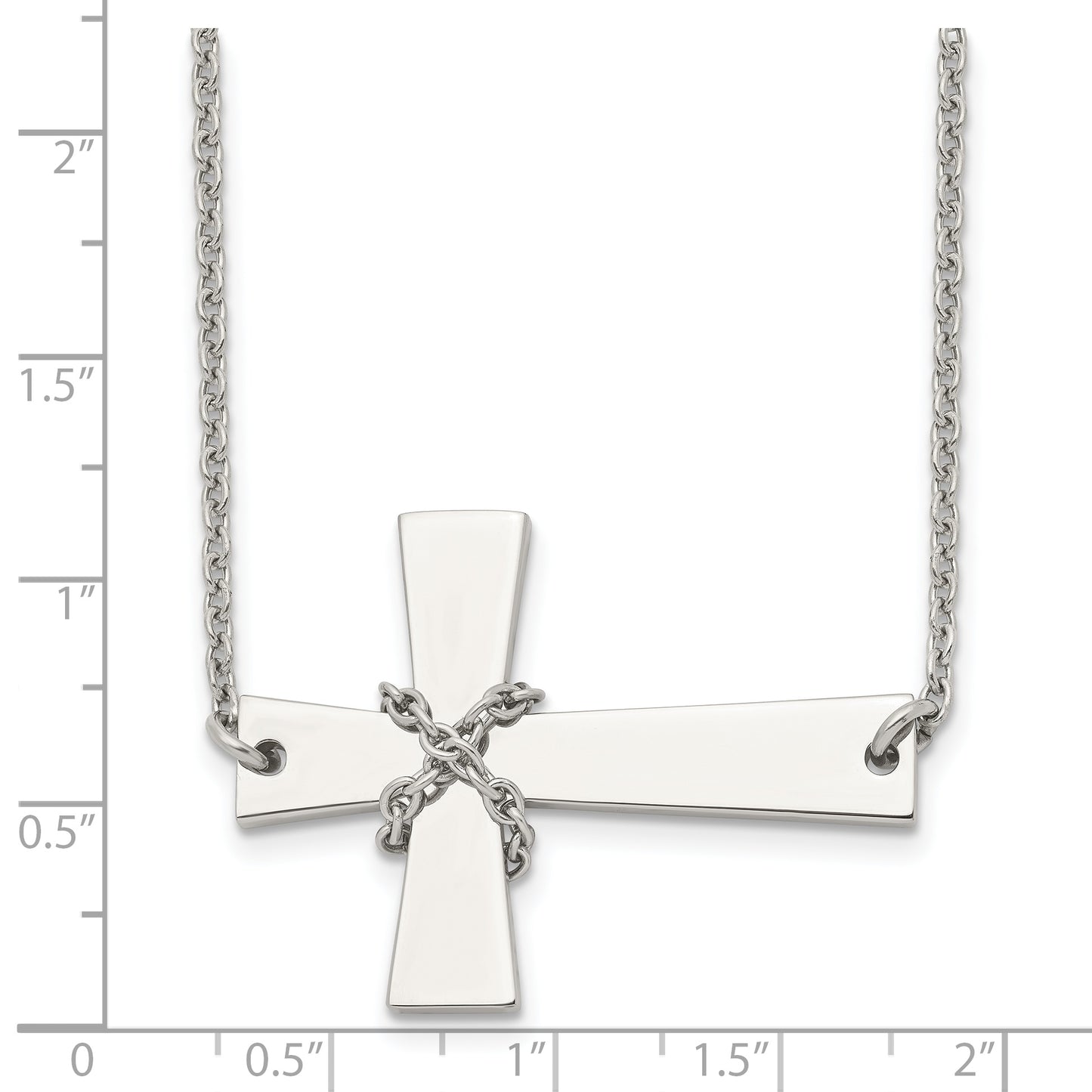 Stainless Steel Chisel Polished Sideways Cross With Chain On A 21 Inch Cable Necklace