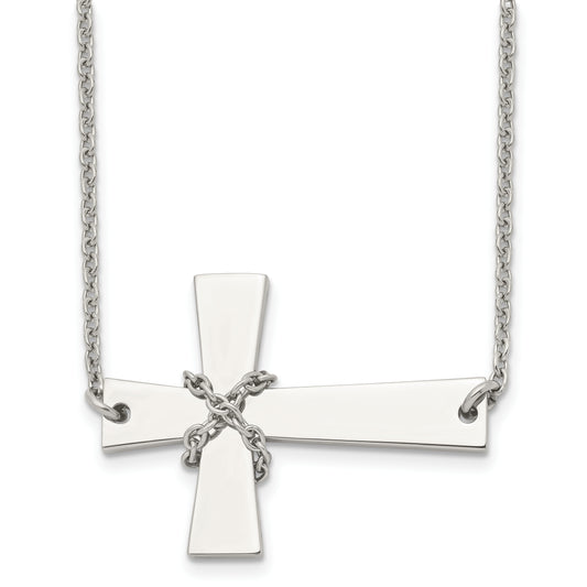 Stainless Steel Chisel Polished Sideways Cross With Chain On A 21 Inch Cable Necklace