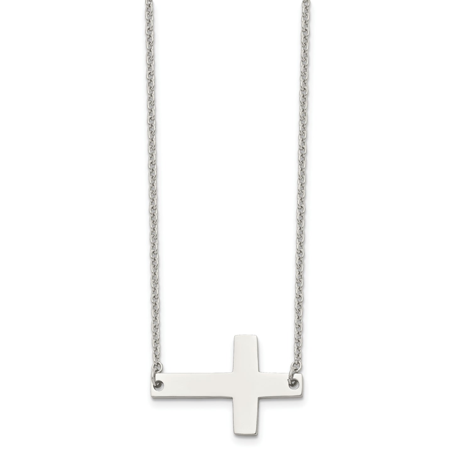 Stainless Steel Chisel Polished Sideways Cross On A 21 Inch Cable Chain Necklace