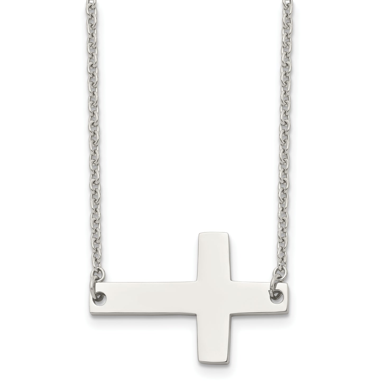 Stainless Steel Chisel Polished Sideways Cross On A 21 Inch Cable Chain Necklace