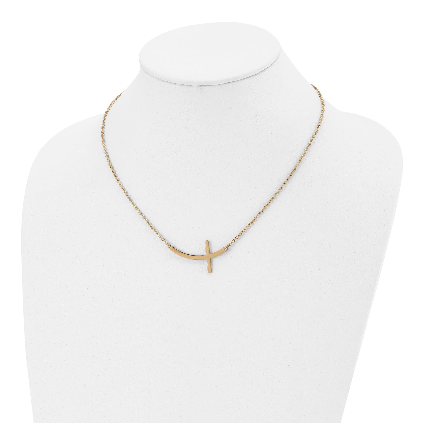 Stainless Steel Chisel Polished Yellow Ip-Plated Curved Sideways Cross On An 18 Inch Cable Chain Necklace