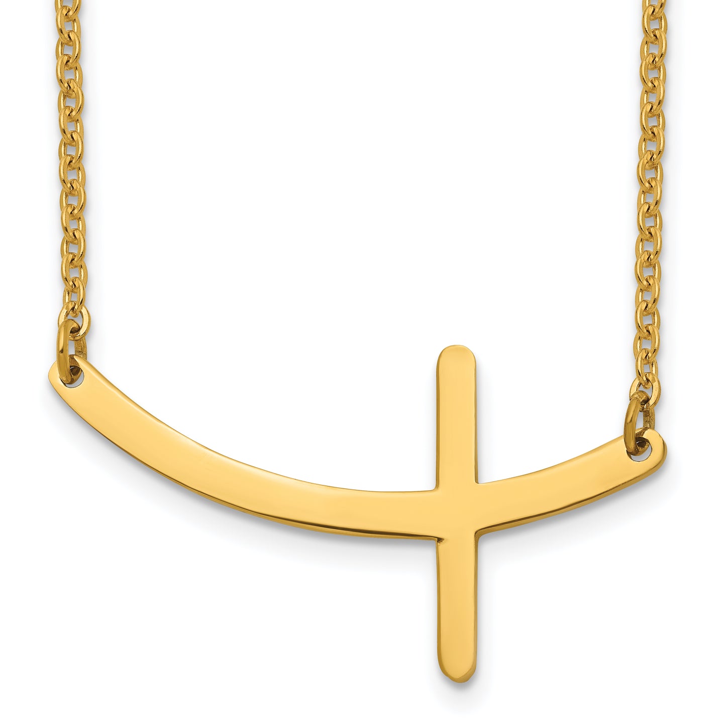 Stainless Steel Chisel Polished Yellow Ip-Plated Curved Sideways Cross On An 18 Inch Cable Chain Necklace