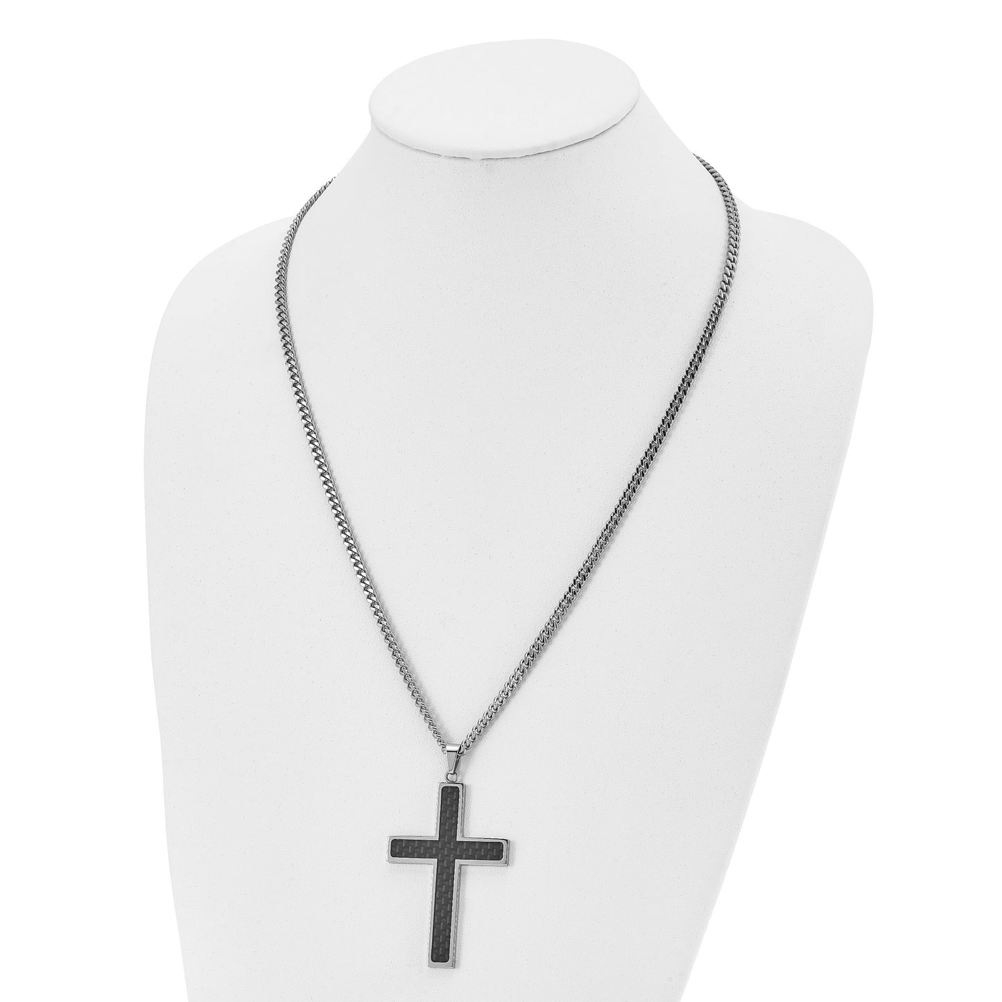 Stainless Steel Chisel Polished With Black Carbon Fiber Inlay Cross Pendant On A 24 Inch Curb Chain Necklace