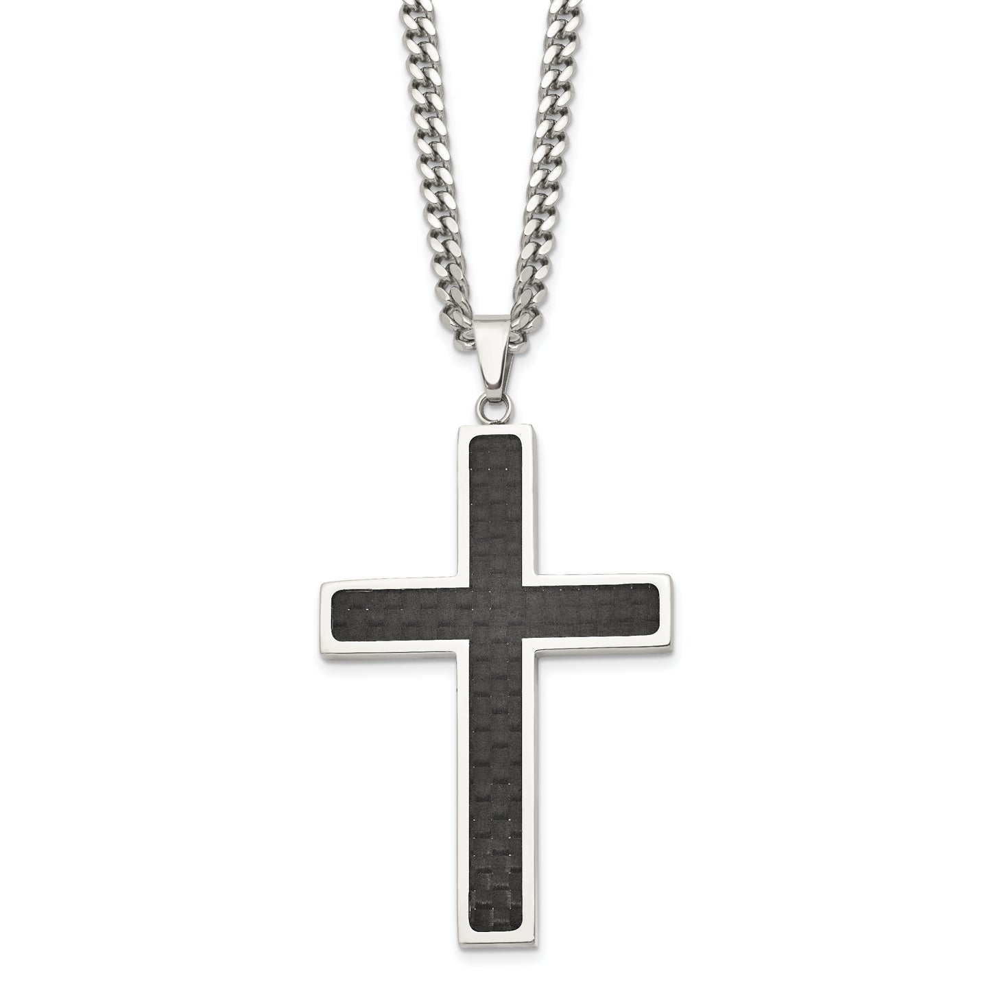 Stainless Steel Chisel Polished With Black Carbon Fiber Inlay Cross Pendant On A 24 Inch Curb Chain Necklace