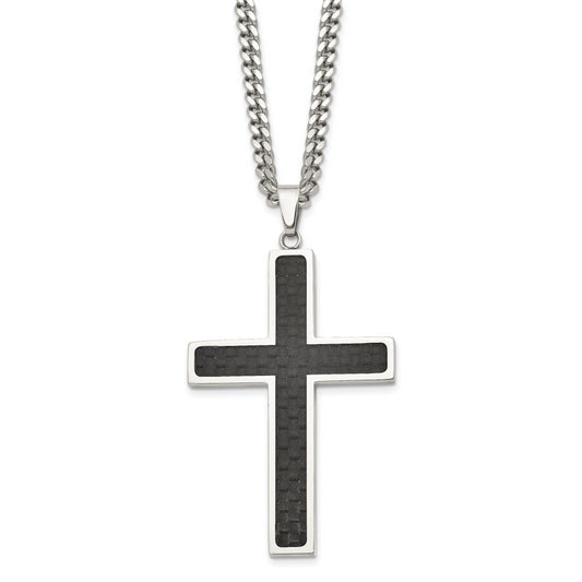 Stainless Steel Chisel Polished With Black Carbon Fiber Inlay Cross Pendant On A 24 Inch Curb Chain Necklace