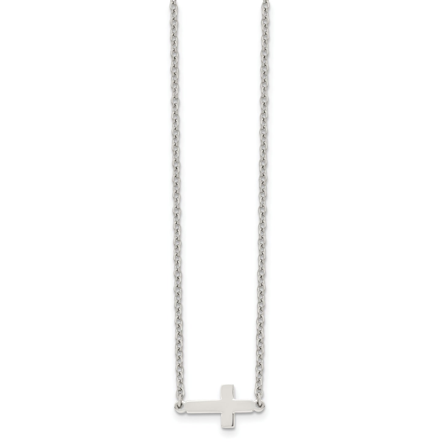 Stainless Steel Chisel Polished Sideways Cross On An 18 Inch Cable Chain Necklace