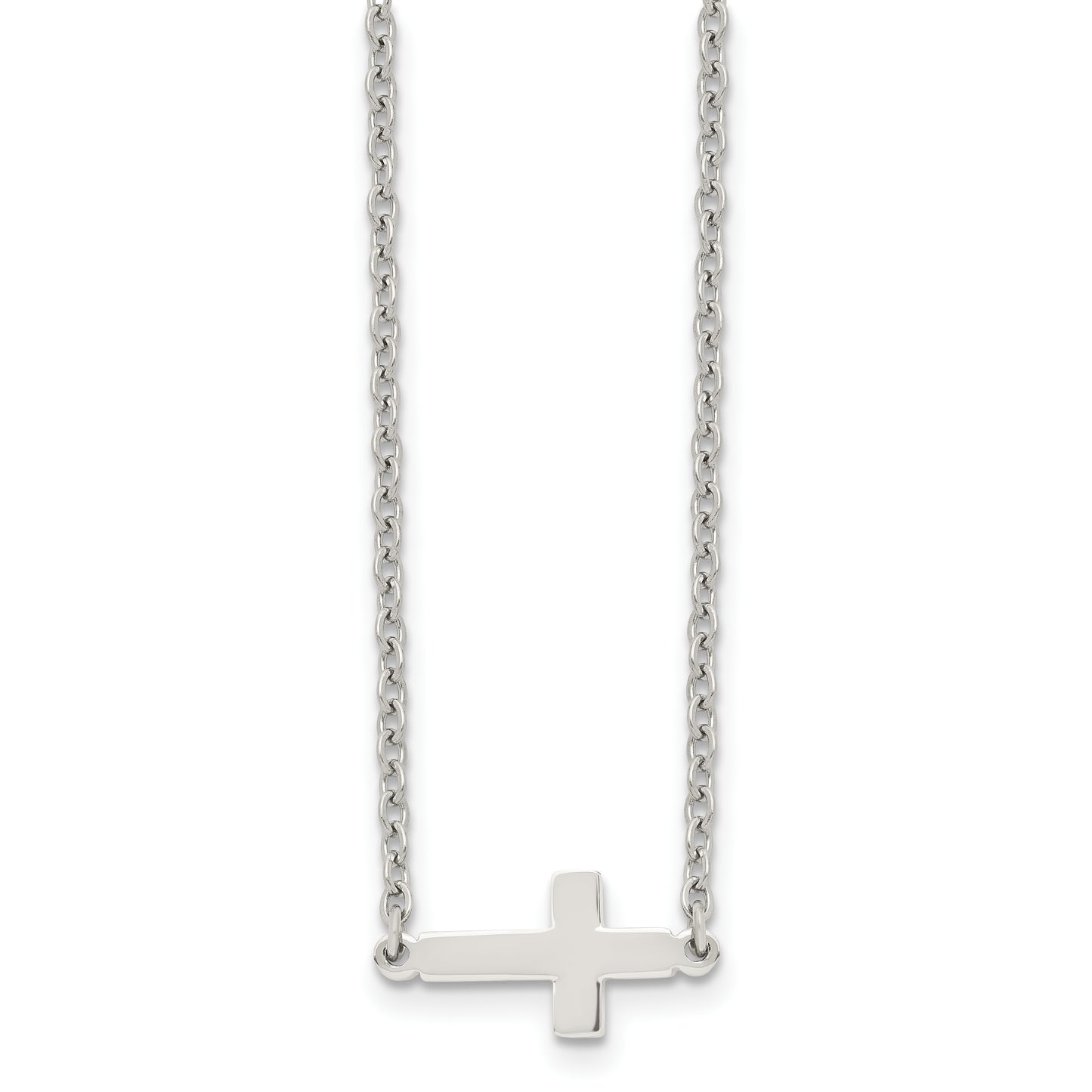 Stainless Steel Chisel Polished Sideways Cross On An 18 Inch Cable Chain Necklace