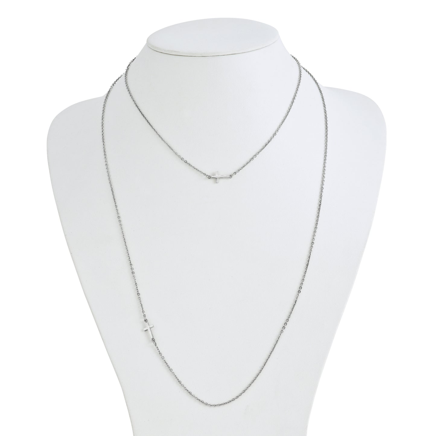 Stainless Steel Chisel Polished Layered Sideways Cross On An 18 Inch Cable Chain Necklace