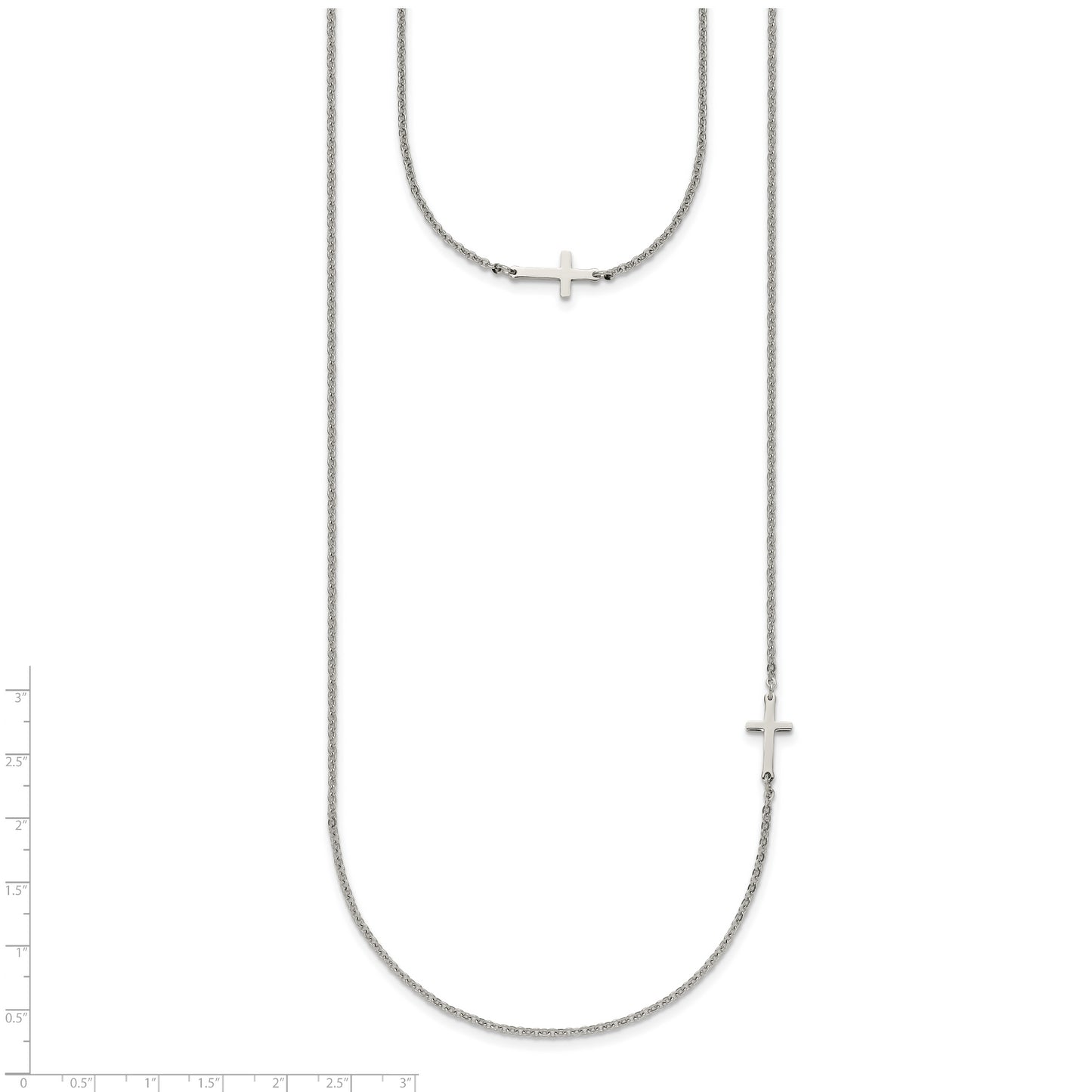 Stainless Steel Chisel Polished Layered Sideways Cross On An 18 Inch Cable Chain Necklace