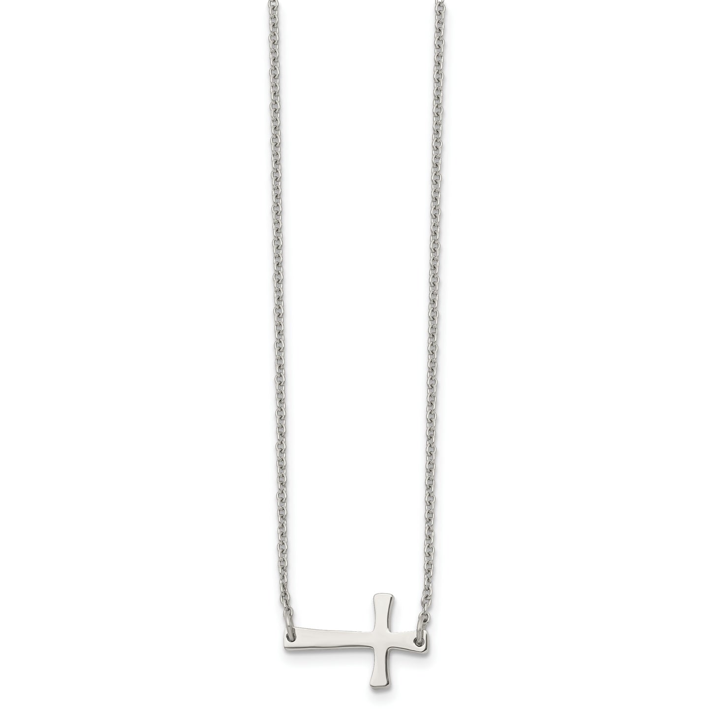 Stainless Steel Chisel Polished Sideways Cross On A 16 Inch Cable Chain Necklace