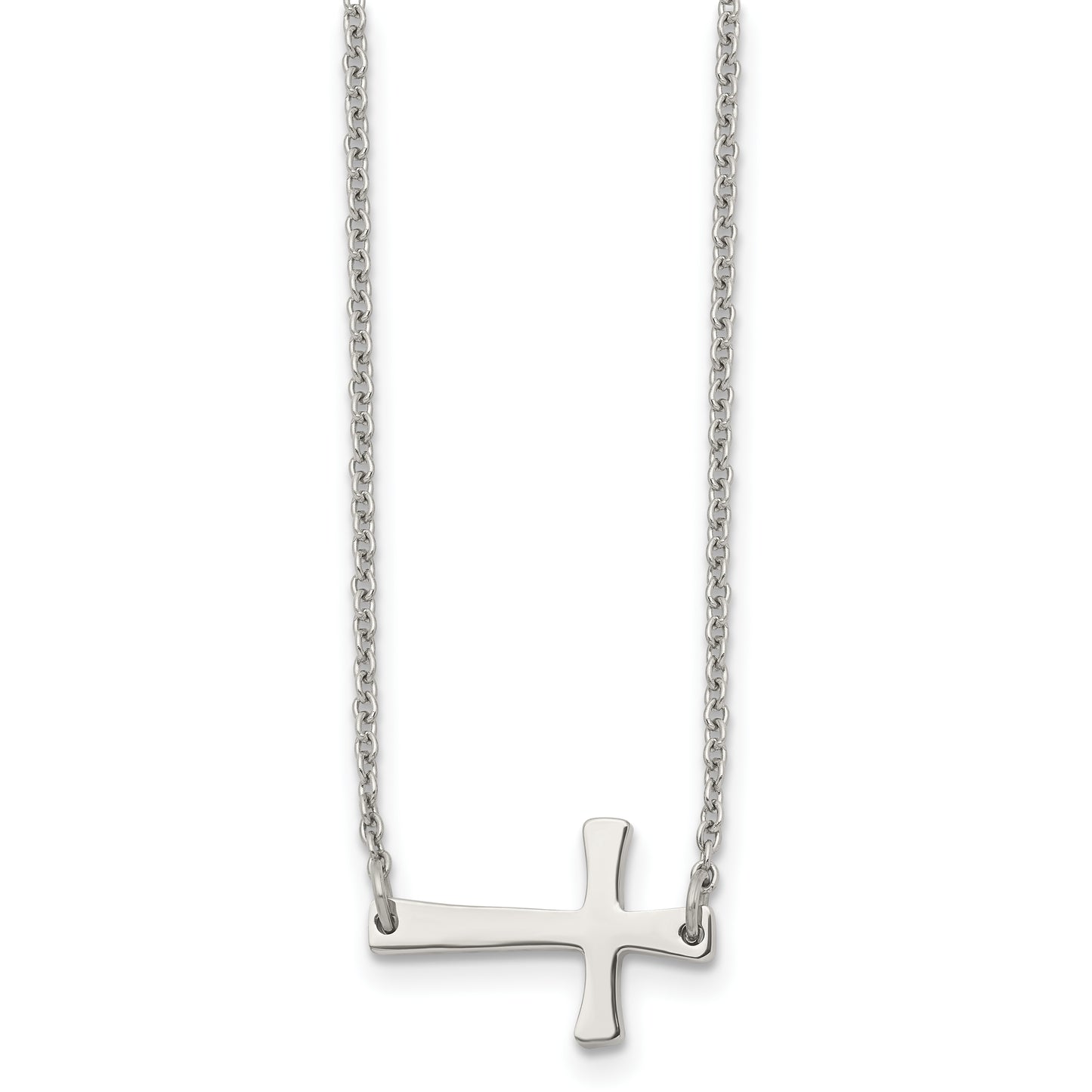 Stainless Steel Chisel Polished Sideways Cross On A 16 Inch Cable Chain Necklace