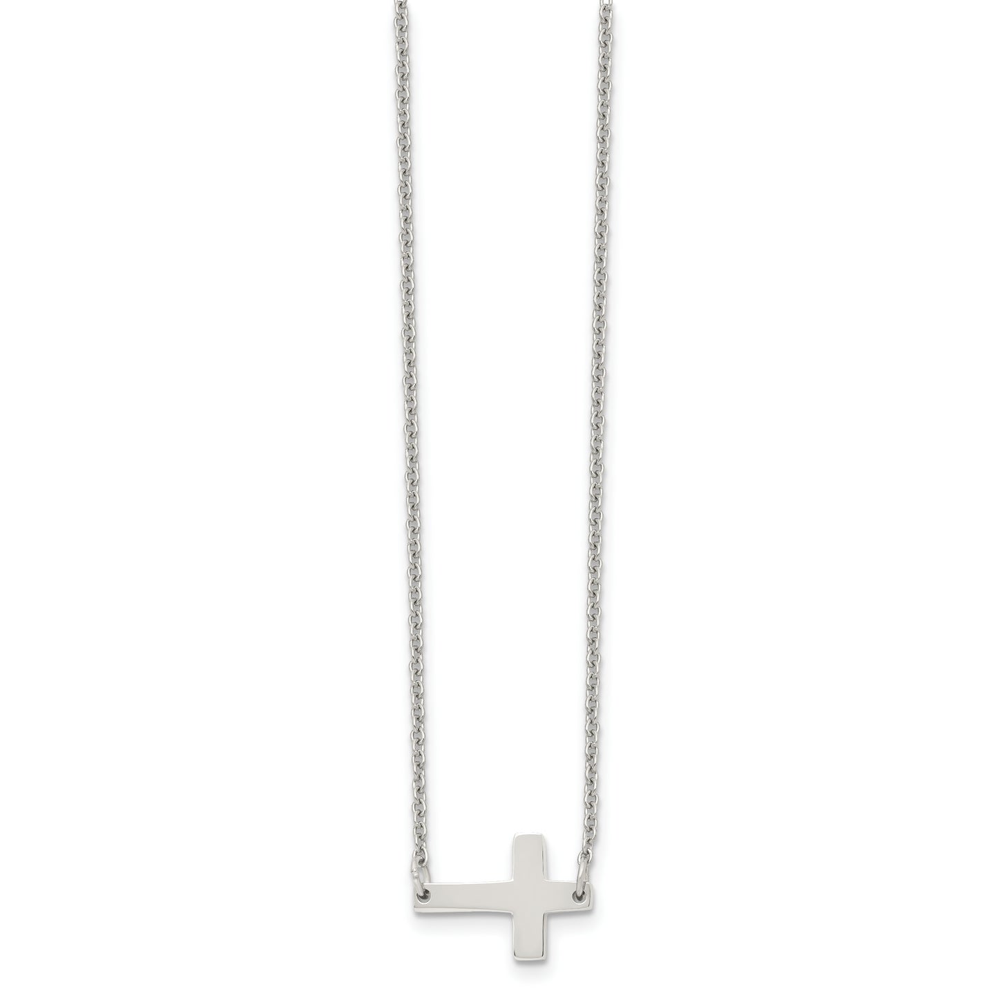 Stainless Steel Chisel Polished Sideways Cross On A 16 Inch Cable Chain Necklace