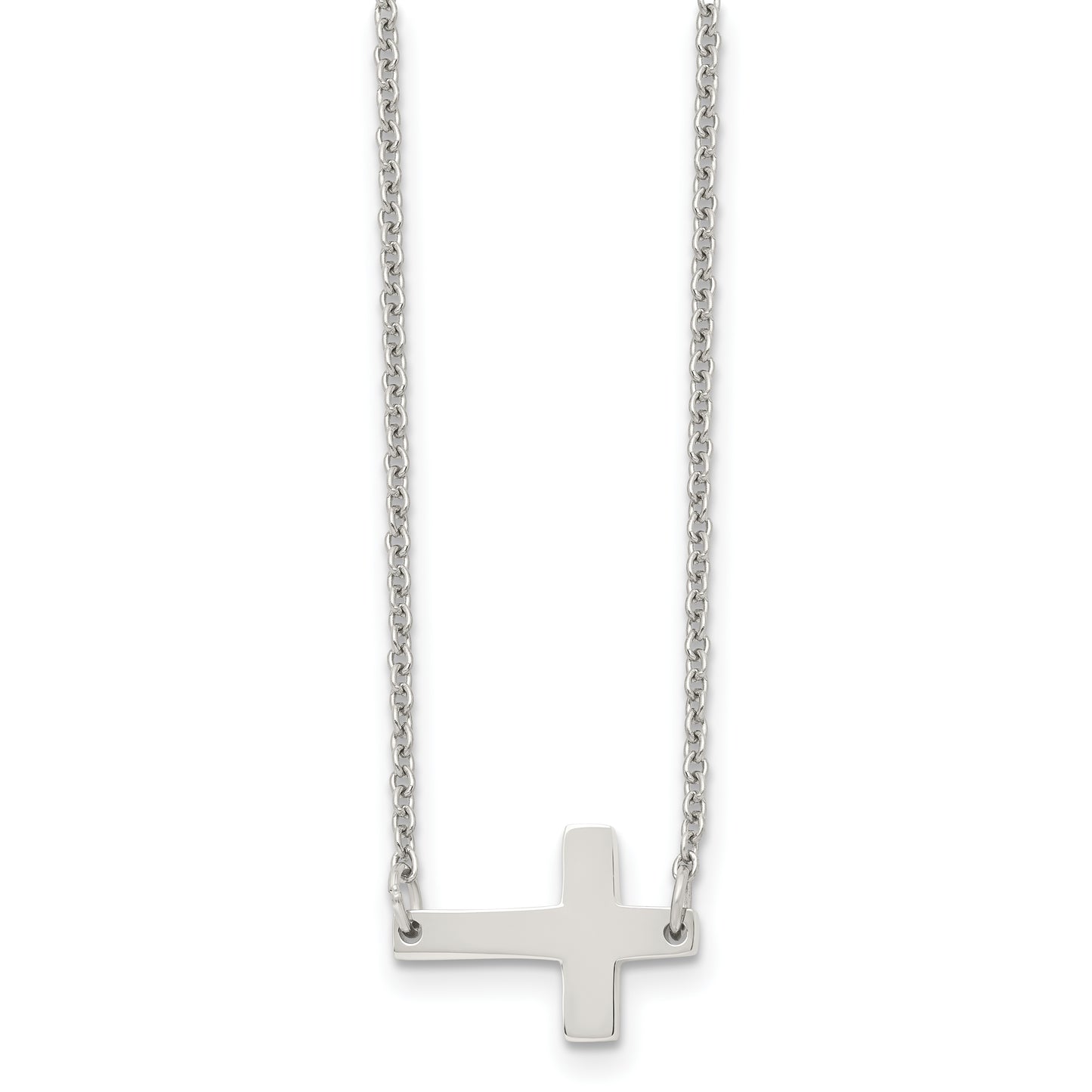 Stainless Steel Chisel Polished Sideways Cross On A 16 Inch Cable Chain Necklace