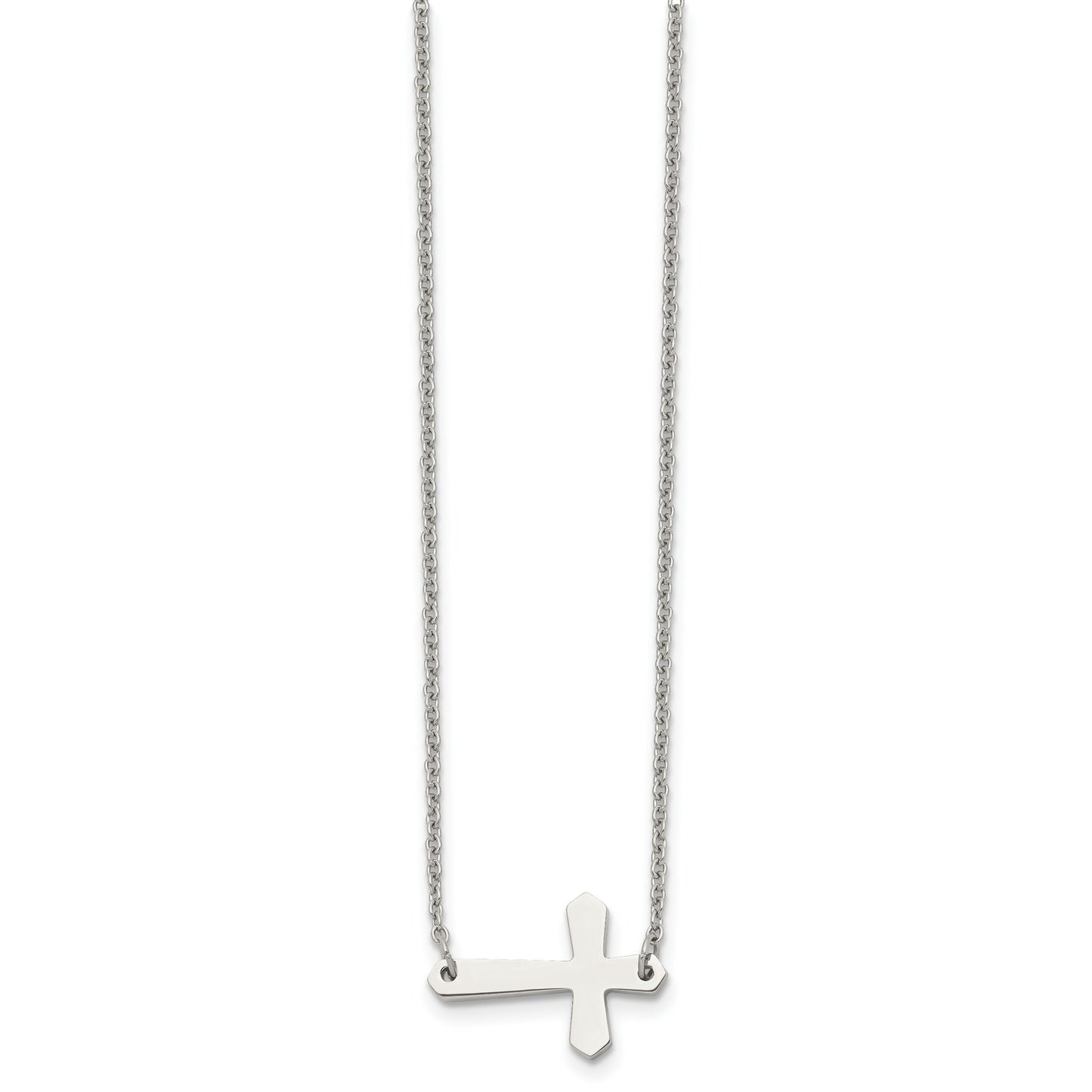 Stainless Steel Chisel Polished Sideways Cross On A 17 Inch Cable Chain Necklace