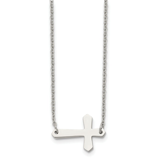 Stainless Steel Chisel Polished Sideways Cross On A 17 Inch Cable Chain Necklace