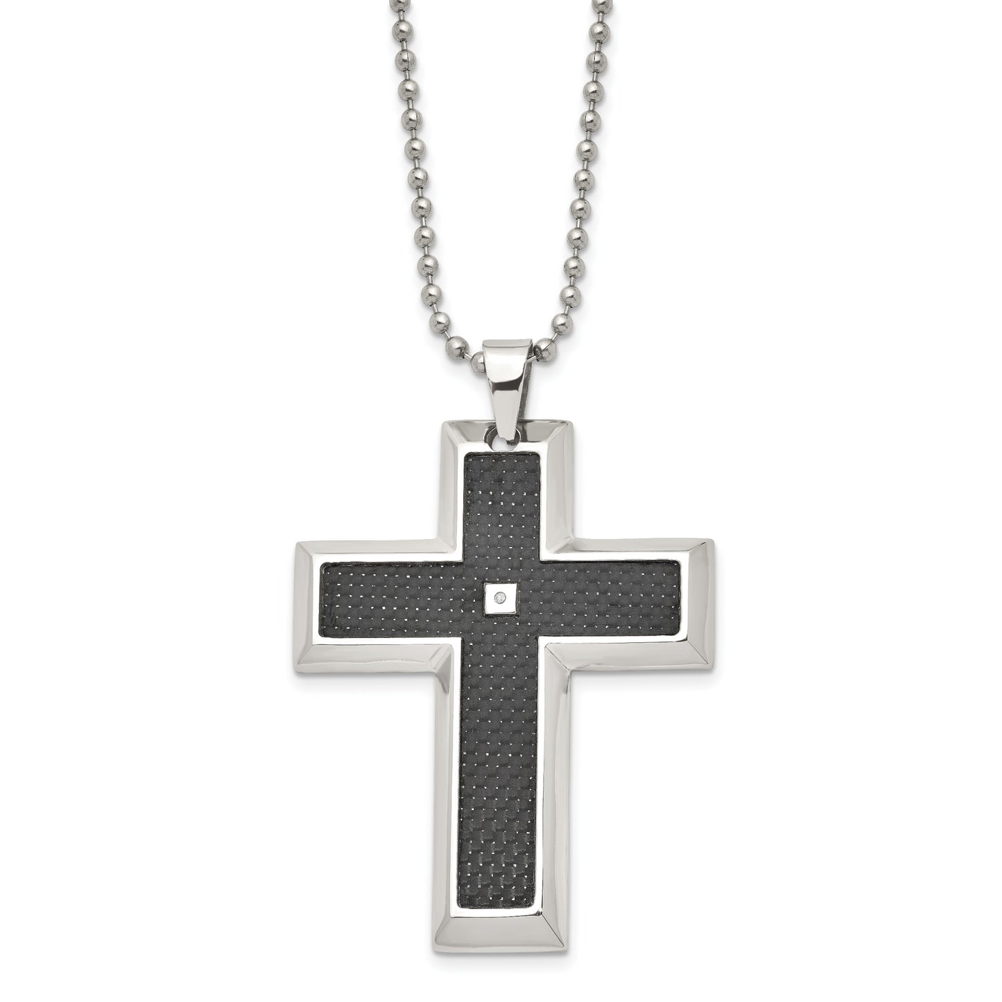 Stainless Steel Chisel Polished With Black Carbon Fiber Inlay .0.1 Carat Diamond Cross Pendant On A 24 Inch Ball Chain Necklace