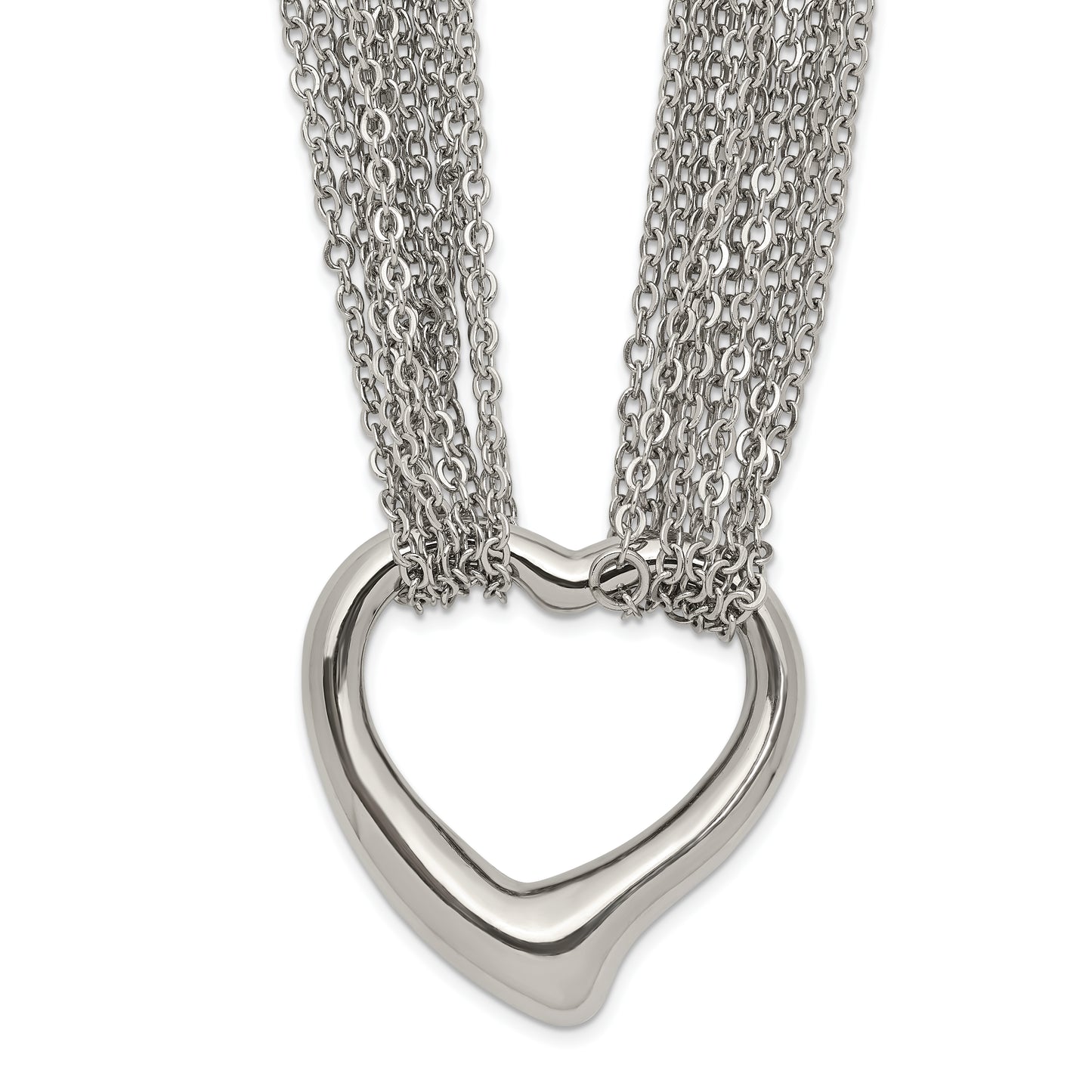 Stainless Steel Chisel Polished Heart On A 17 Inch Cable Chain Multi Strand Necklace