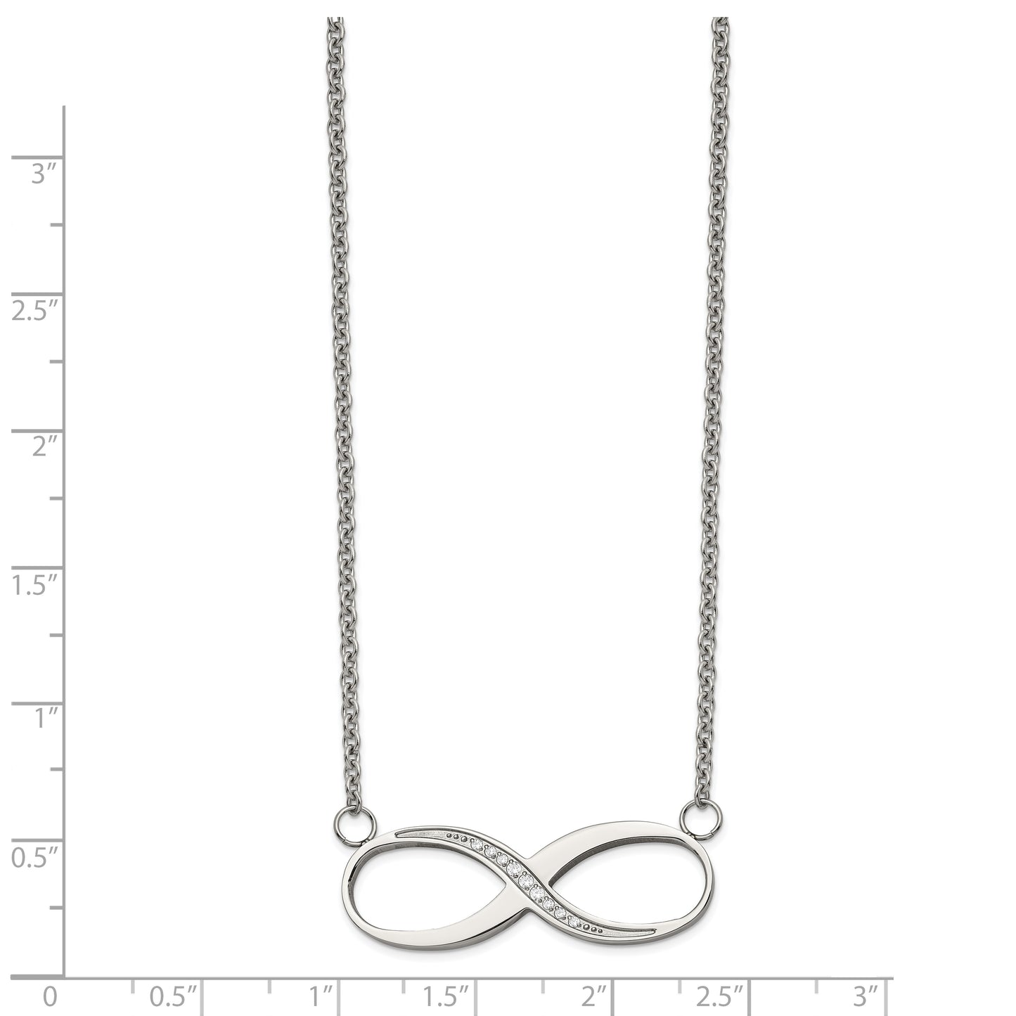 Stainless Steel Chisel Polished Infinity Symbol With Cz On A 20 Inch Cable Chain Necklace