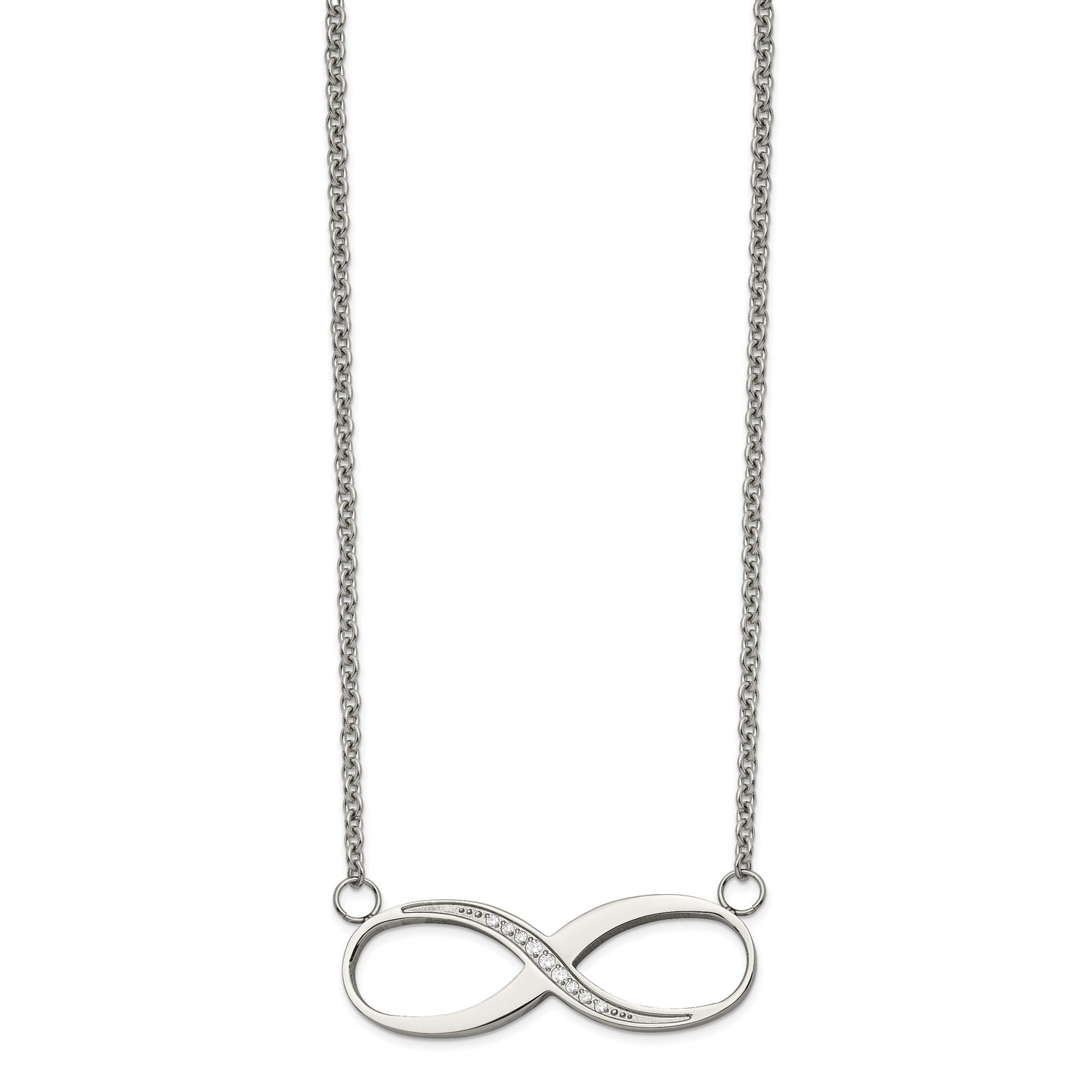 Stainless Steel Chisel Polished Infinity Symbol With Cz On A 20 Inch Cable Chain Necklace