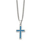 Stainless Steel Chisel Polished With Blue Carbon Fiber Inlay Cross Pendant On A 20 Inch Curb Chain Necklace