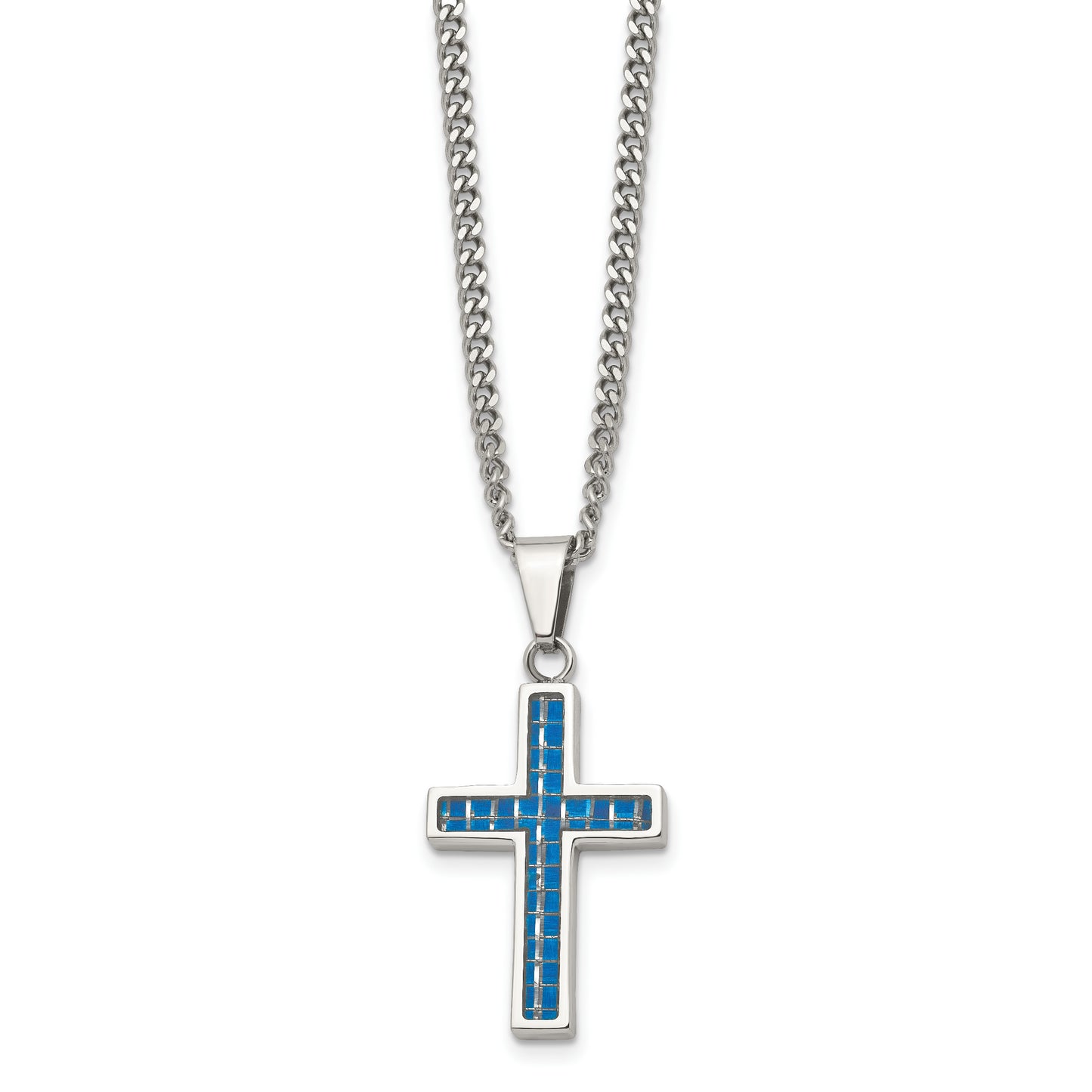 Stainless Steel Chisel Polished With Blue Carbon Fiber Inlay Cross Pendant On A 20 Inch Curb Chain Necklace