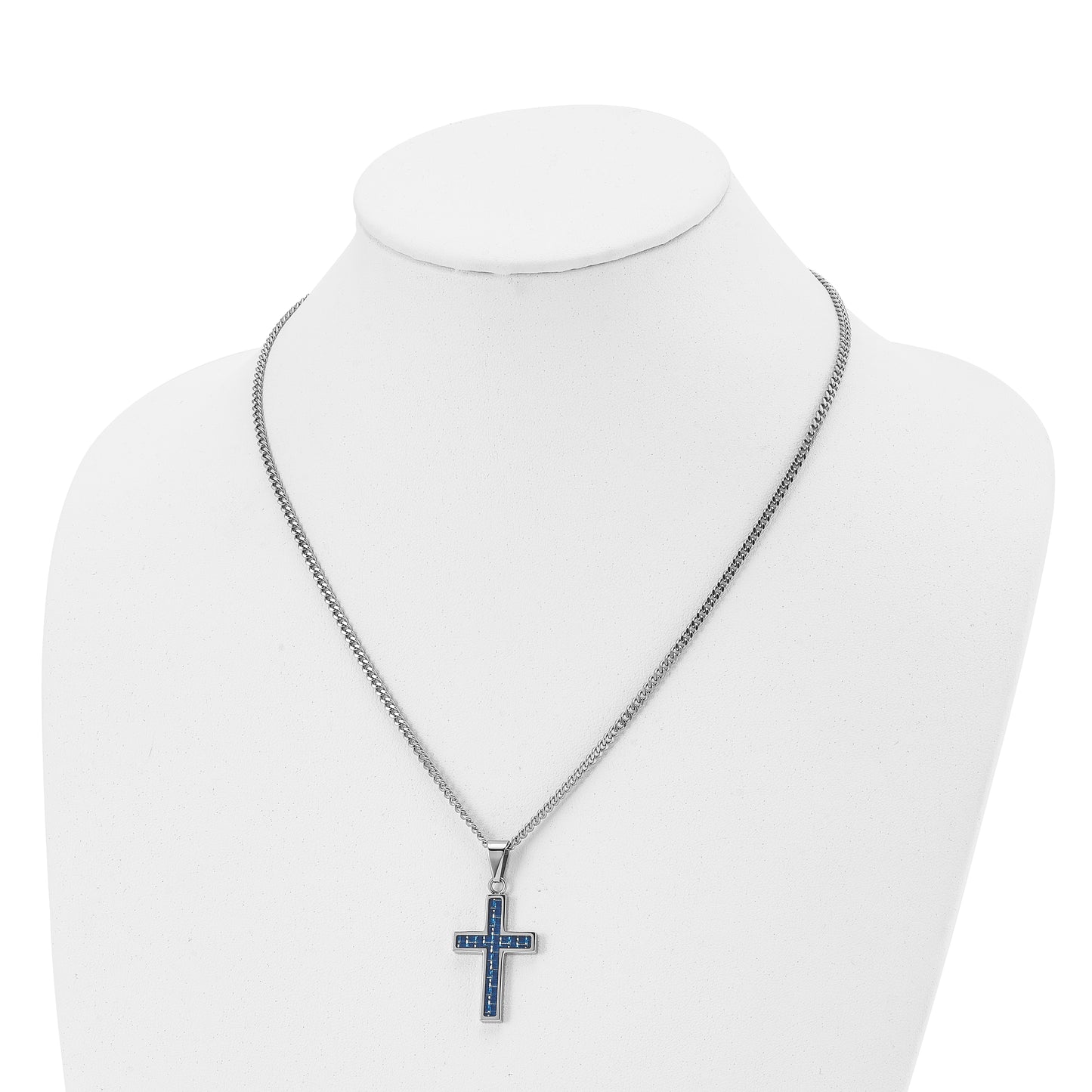 Stainless Steel Chisel Polished With Blue Carbon Fiber Inlay Cross Pendant On A 20 Inch Curb Chain Necklace