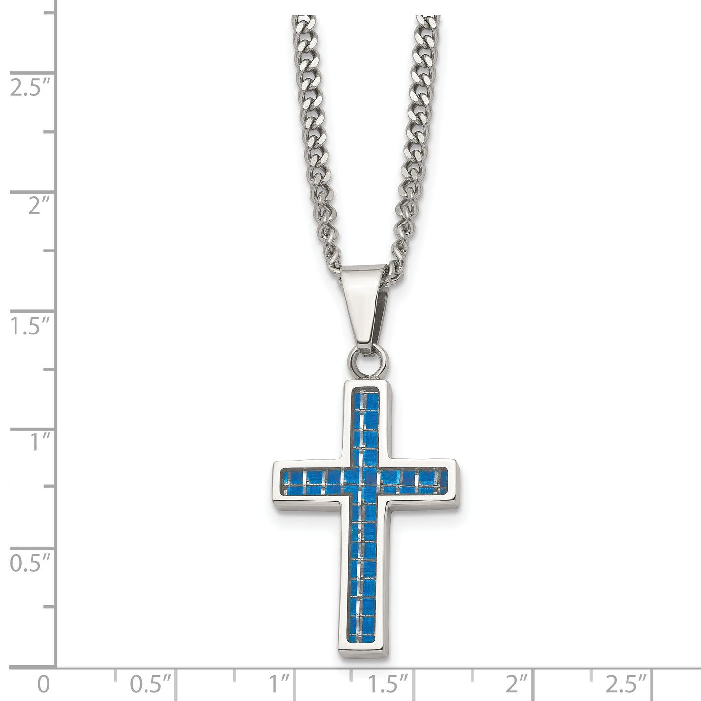 Stainless Steel Chisel Polished With Blue Carbon Fiber Inlay Cross Pendant On A 20 Inch Curb Chain Necklace