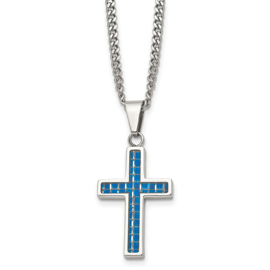 Stainless Steel Chisel Polished With Blue Carbon Fiber Inlay Cross Pendant On A 20 Inch Curb Chain Necklace