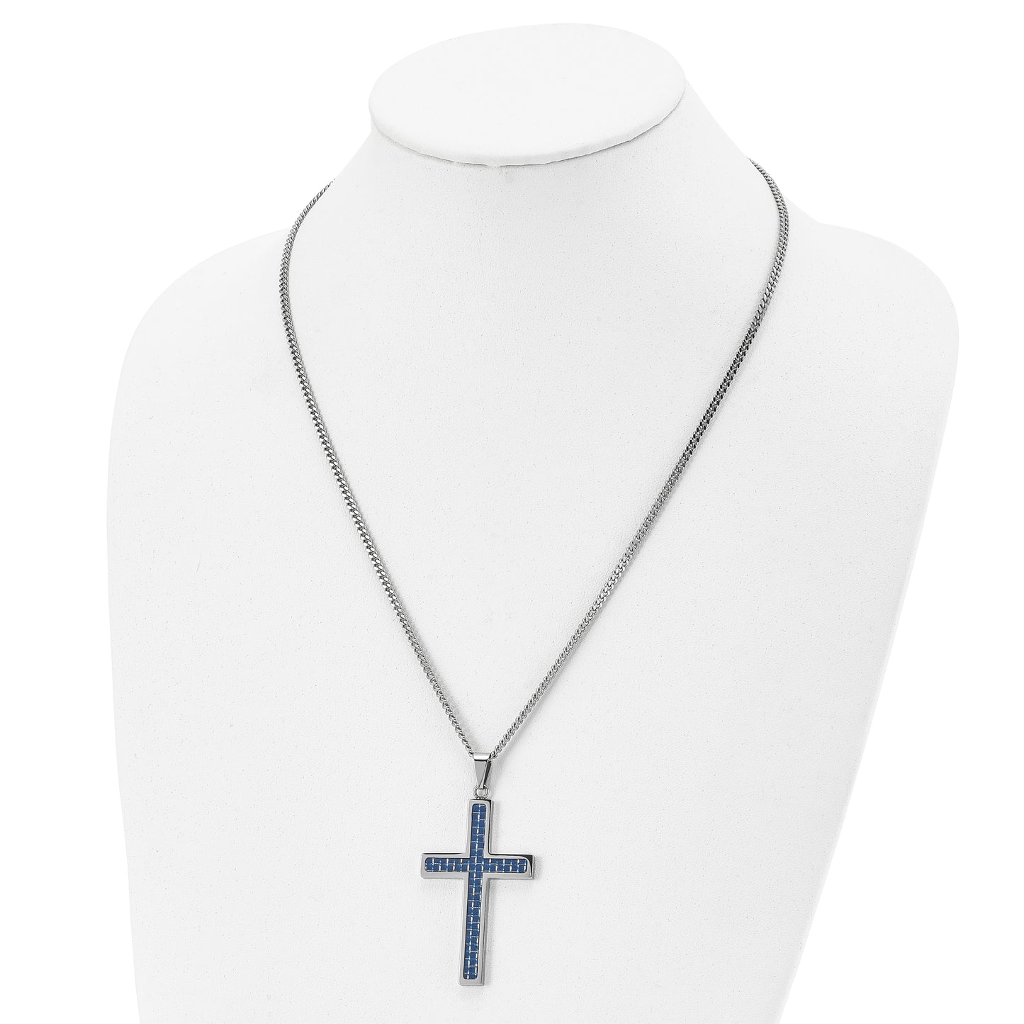 Stainless Steel Chisel Polished With Blue Carbon Fiber Inlay Cross Pendant On A 22 Inch Curb Chain Necklace