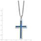 Stainless Steel Chisel Polished With Blue Carbon Fiber Inlay Cross Pendant On A 22 Inch Curb Chain Necklace