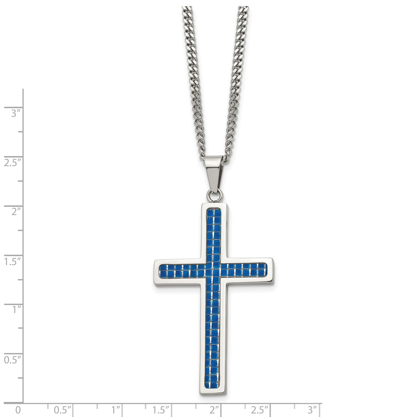 Stainless Steel Chisel Polished With Blue Carbon Fiber Inlay Cross Pendant On A 22 Inch Curb Chain Necklace